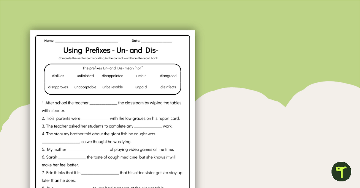Preview image for Prefix Worksheet: Un- and Dis- - teaching resource