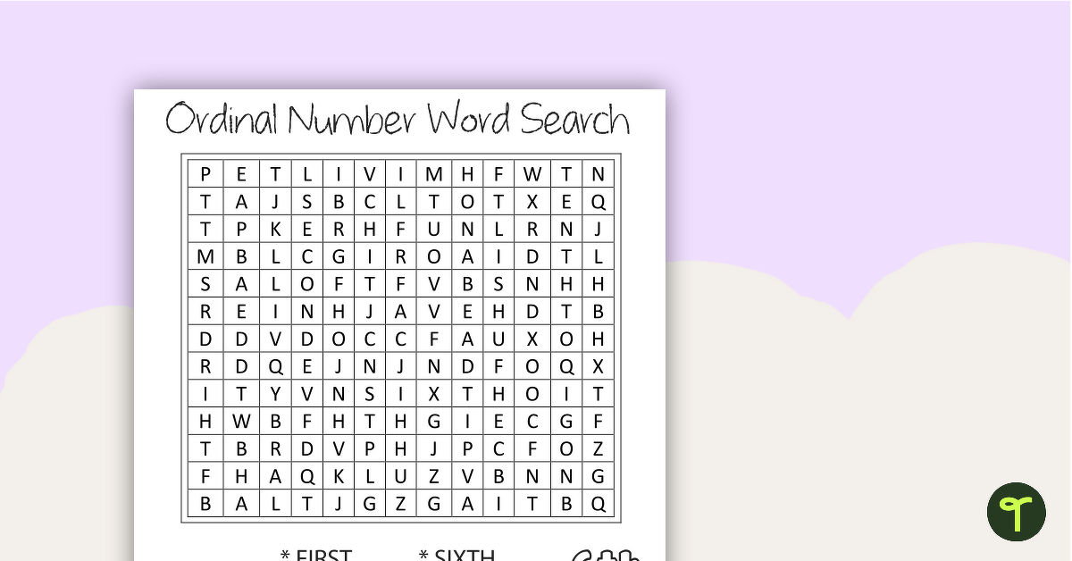 Ordinal Number Word Search with Solution teaching resource