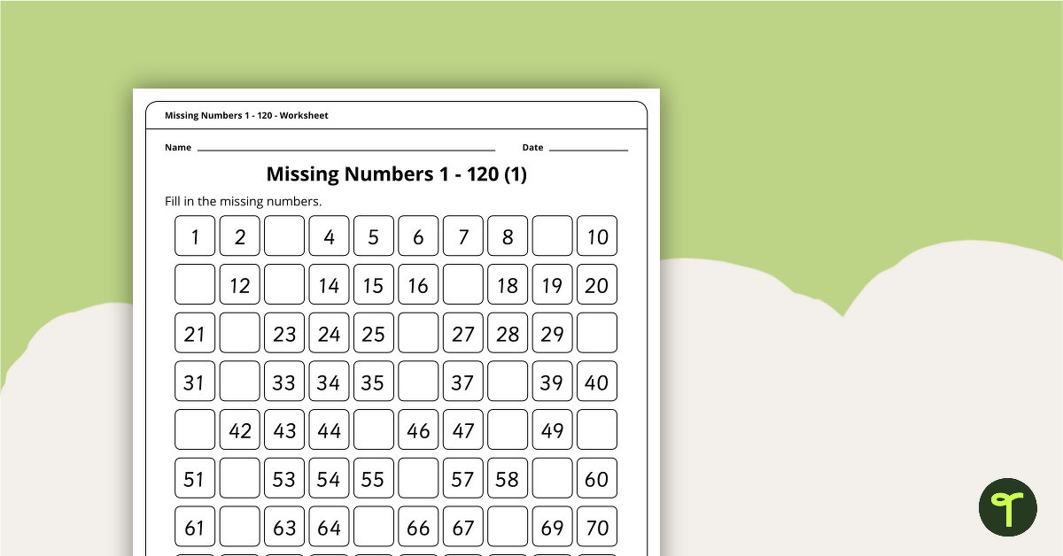 1–120 Number Charts With Missing Numbers teaching resource