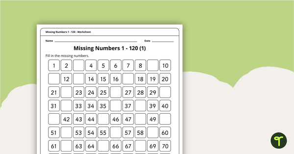 Go to 1–120 Number Charts With Missing Numbers teaching resource