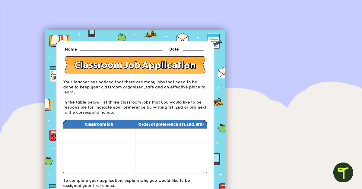 Classroom Job Application Template teaching resource