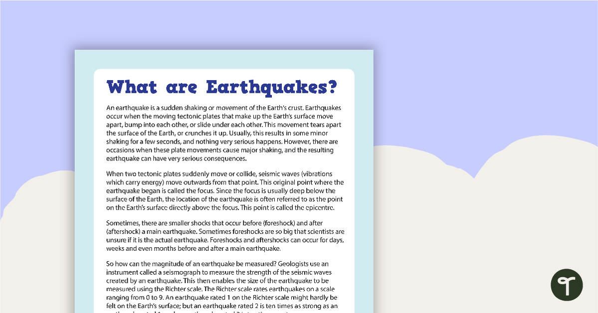 Comprehension - What are Earthquakes? teaching resource