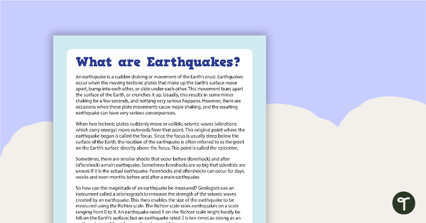Go to Comprehension - What are Earthquakes? teaching resource