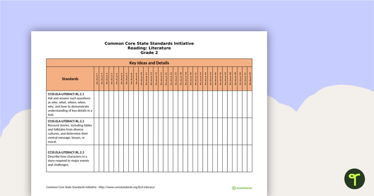 Common Core State Standards Progression Trackers - Grade 2 - Reading: Literature teaching resource