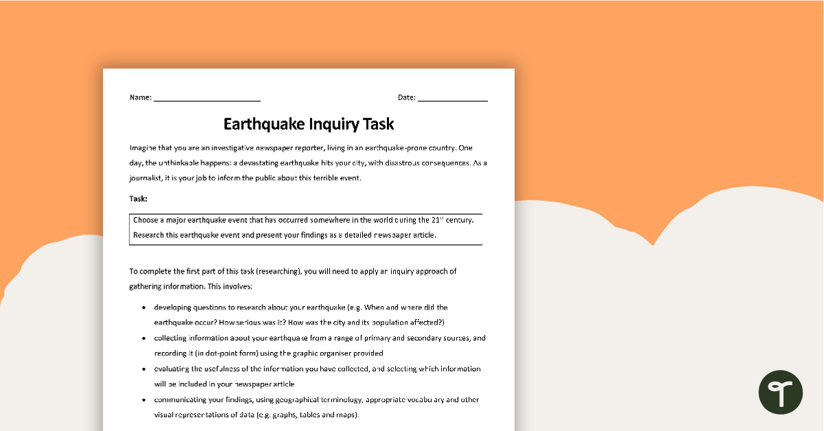 Earthquake Inquiry Task – Newspaper Report teaching resource