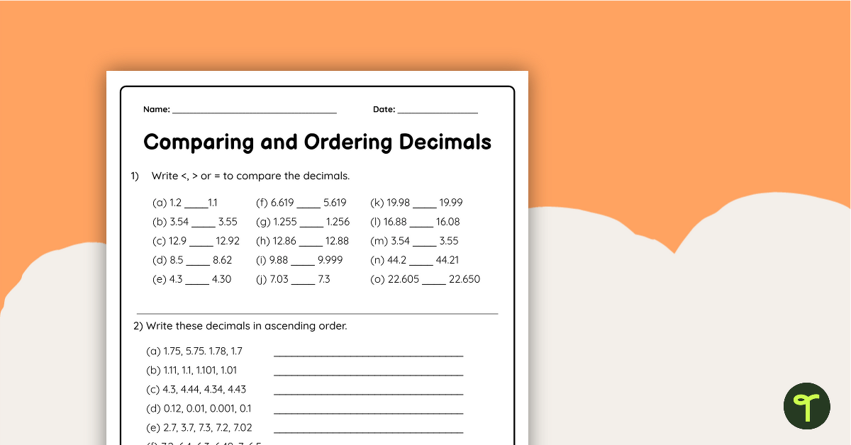 Compare and Order Decimals Worksheet teaching resource