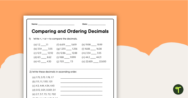 Go to Compare and Order Decimals Worksheet teaching resource