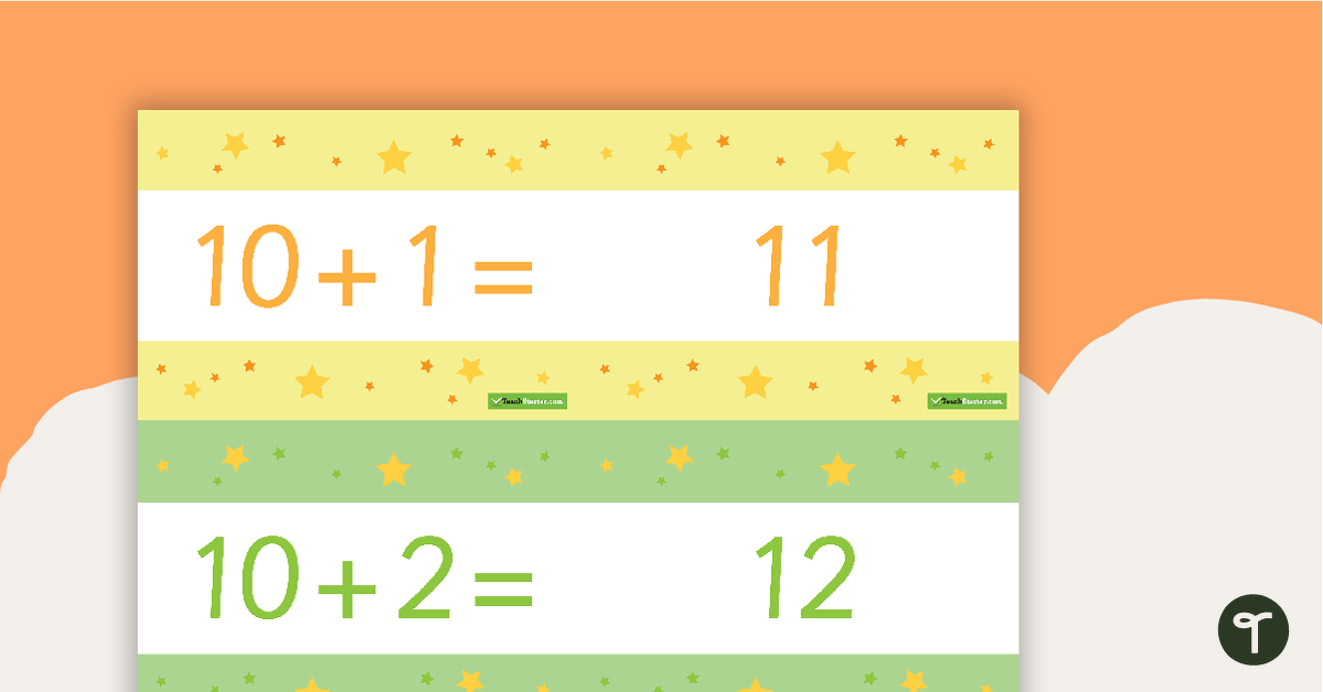 10 to 100 Two-Digit Plus One-Digit Addition Flashcards – Stars (Horizontal) teaching resource