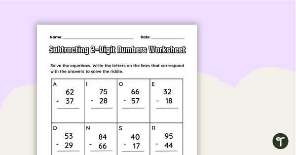 subtracting 2 digit numbers worksheet teach starter