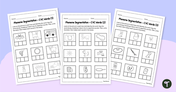 Phoneme Segmentation Worksheets - CVC Words | Teach Starter