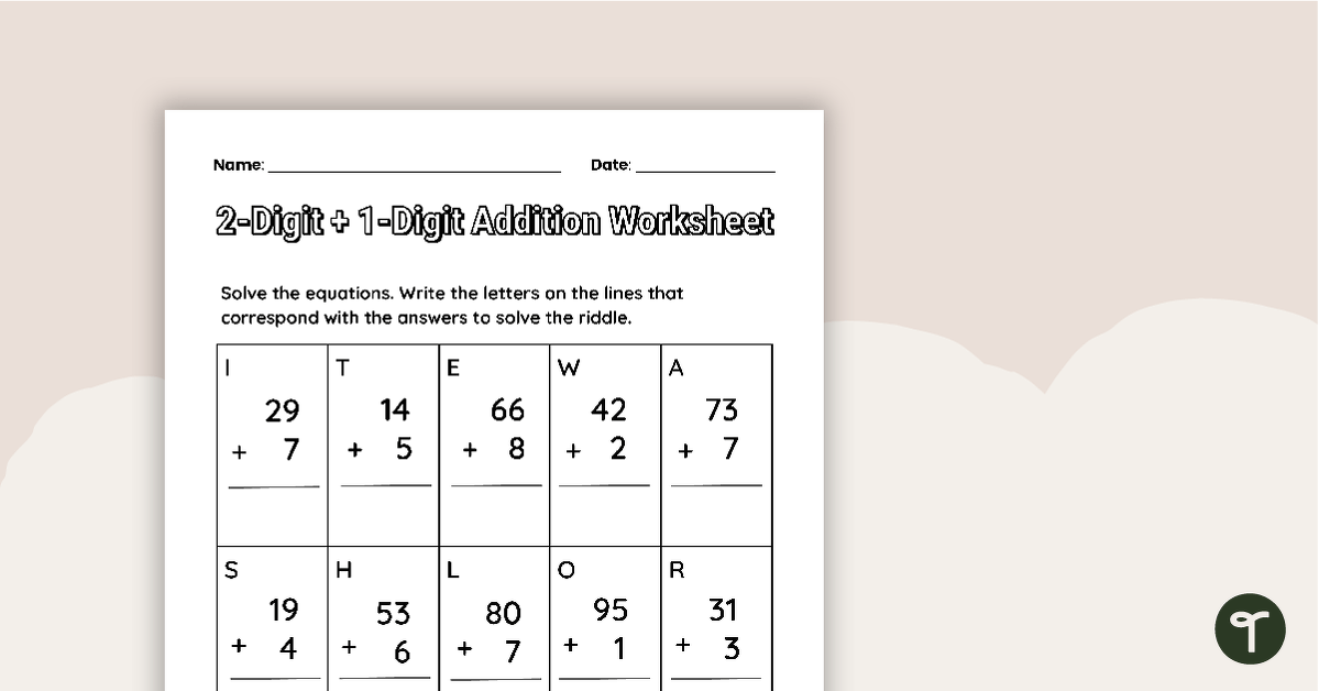 2-Digit + 1-Digit Numbers Addition Worksheet teaching resource