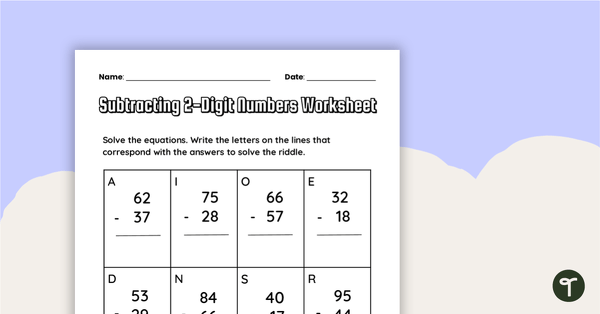 Subtracting 2-Digit Numbers Worksheet teaching resource