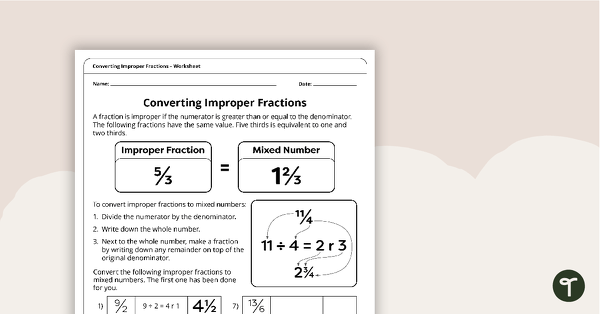 Go to Converting Improper Fractions – Worksheet teaching resource