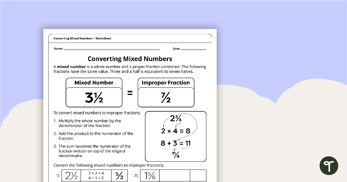 Converting Mixed Numbers – Worksheet teaching resource