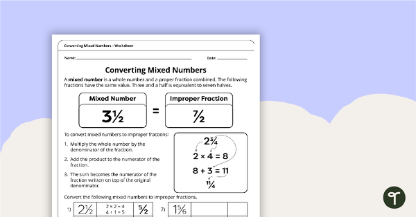 Go to Converting Mixed Numbers – Worksheet teaching resource