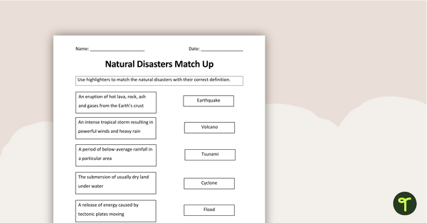 Image of Natural Disasters Match-Up Worksheet