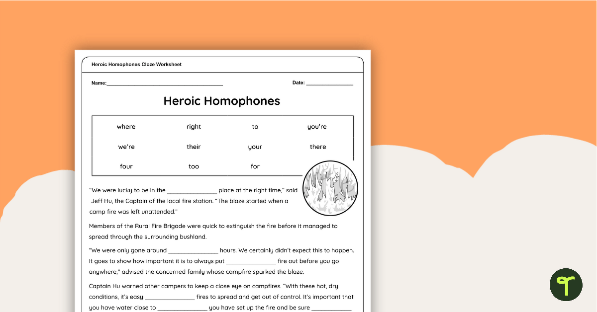 Heroic Homophones Cloze Worksheet teaching resource