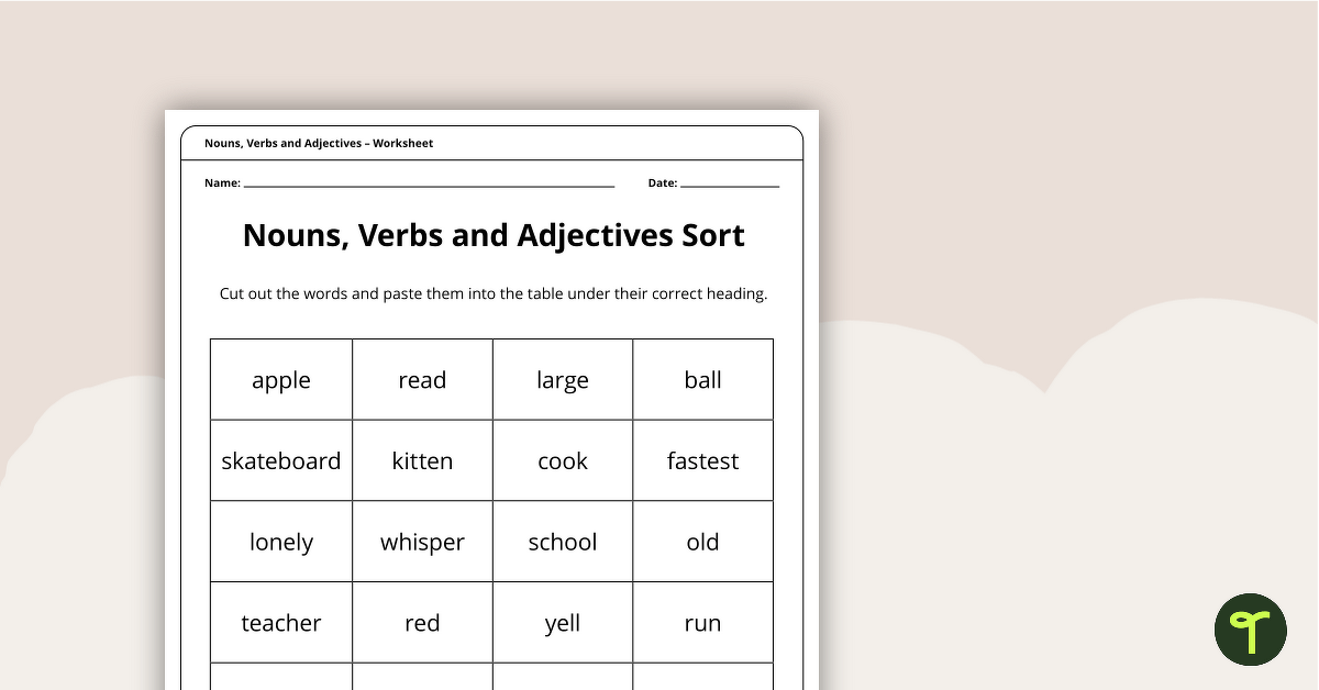 Nouns, Verbs and Adjectives – Sorting Task teaching resource