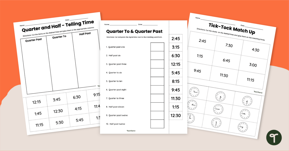 Telling the Time Worksheets- Quarter Hours teaching resource