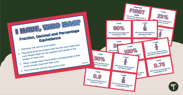 I Have, Who Has? Game - Fraction, Decimal and Percentage Equivalence teaching resource