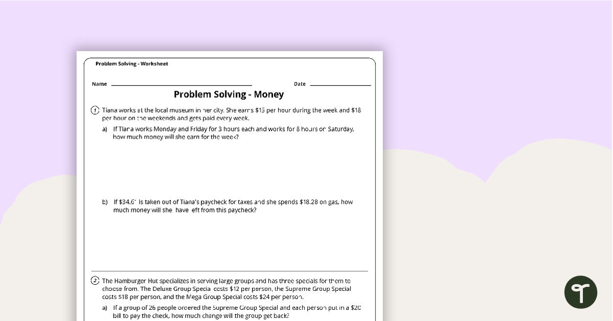 Problem Solving Worksheet - Money teaching resource