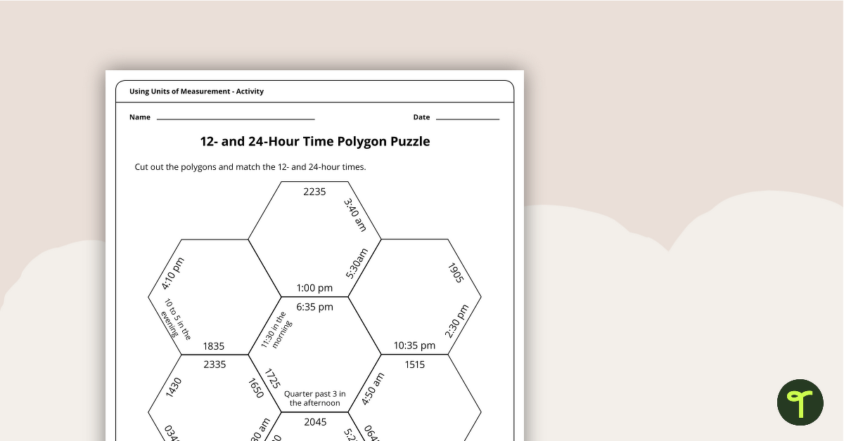 12- and 24-Hour Time Polygon Puzzle teaching resource
