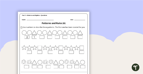 Go to Patterns and Algebra Worksheets - Year 1 teaching resource