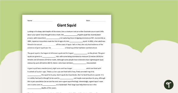 Giant Squid Cloze Worksheet teaching resource
