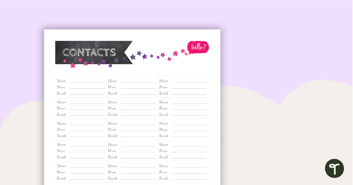 Chalkboard Printable Teacher Planner - Contacts Page teaching resource