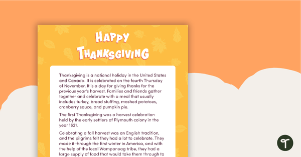 预览图像for Thanksgiving - Comprehension Worksheet - teaching resource