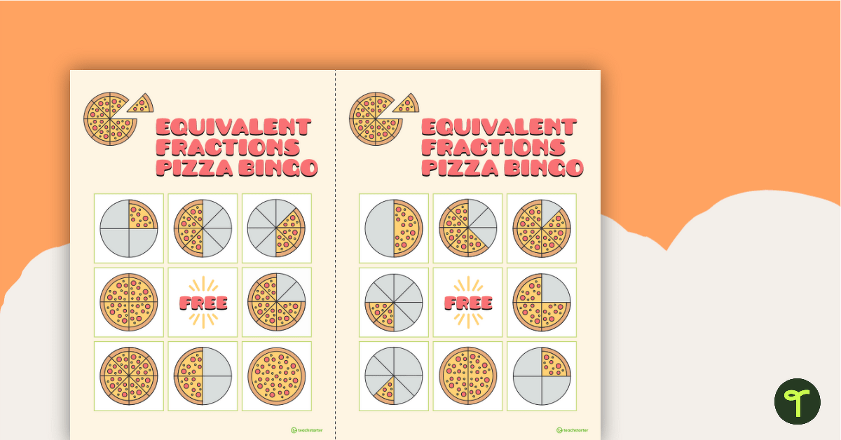 Equivalent Fractions Pizza Bingo - Whole, 1/2, 1/4, 1/8 teaching resource