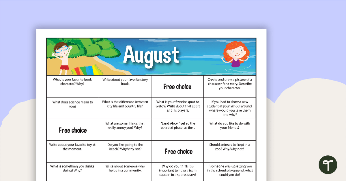 August Writing Prompts - Lower Elementary teaching resource