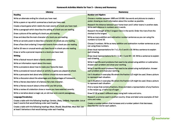 Homework Activities Matrix - Year 3 teaching resource