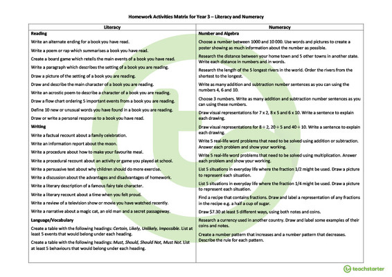 Preview image for Homework Activities Matrix - Year 3 - teaching resource