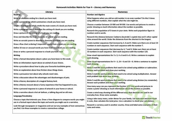 Homework Activities Matrix - Year 4 teaching resource
