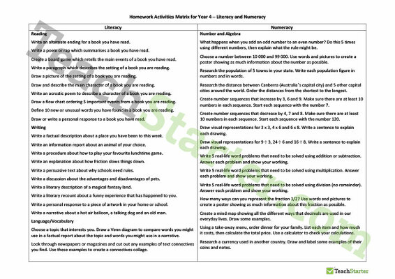 Preview image for Homework Activities Matrix - Year 4 - teaching resource