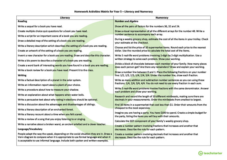 Homework Activities Matrix - Year 5 teaching resource