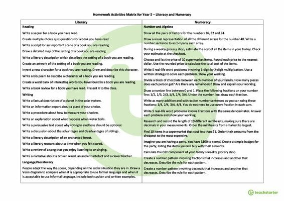 Go to Homework Activities Matrix - Year 5 teaching resource