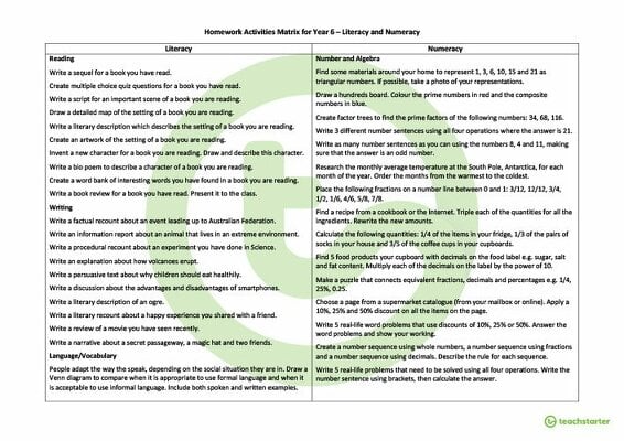 Homework Activities Matrix - Year 6 teaching resource