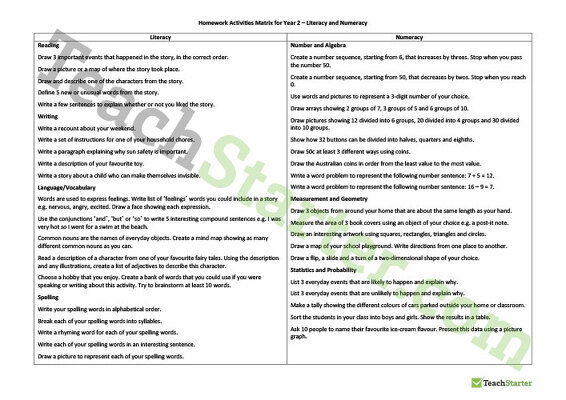 Preview image for Homework Activities Matrix - Year 2 - teaching resource