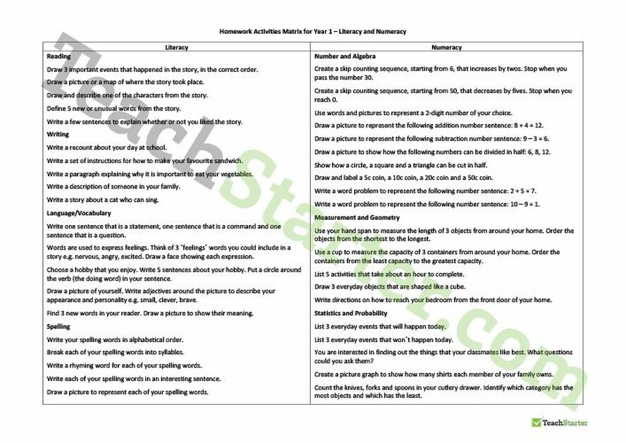 Homework Activities Matrix - Year 1 teaching resource