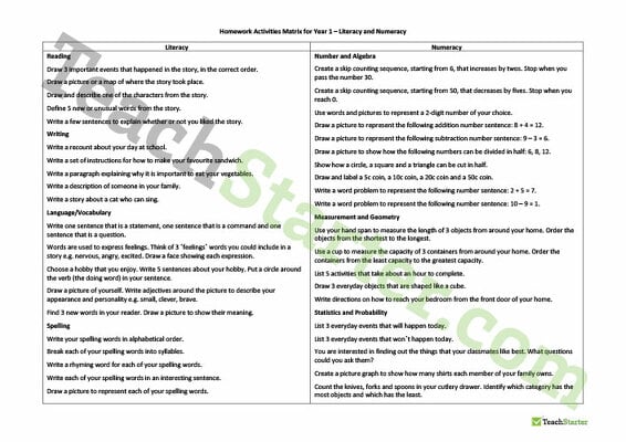 Homework Activities Matrix - Year 1 teaching resource