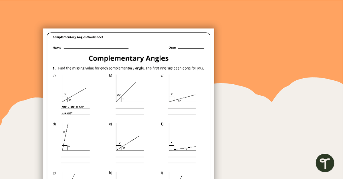 Complementary Angles – 4th Grade Math Worksheet teaching resource