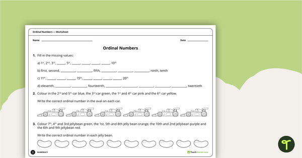 Go to Ordinal Numbers Worksheet teaching resource