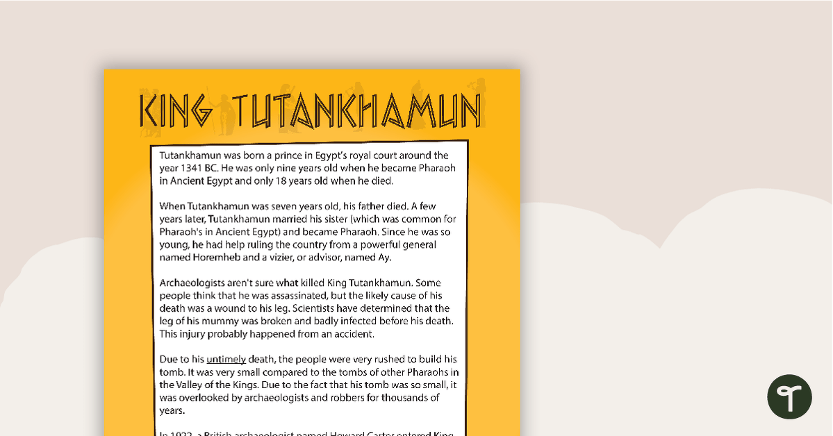 King Tutankhamun - Comprehension Task teaching resource