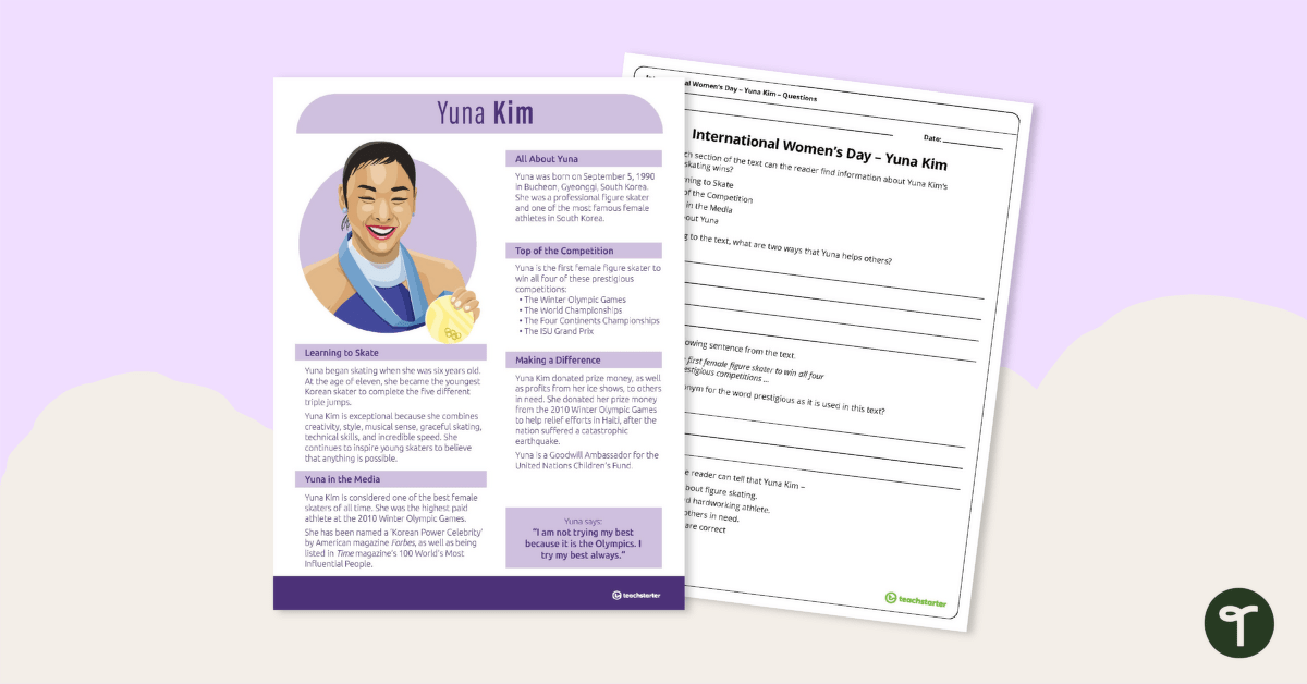 Inspirational Woman Profile: Yuna Kim – Comprehension Worksheet teaching resource