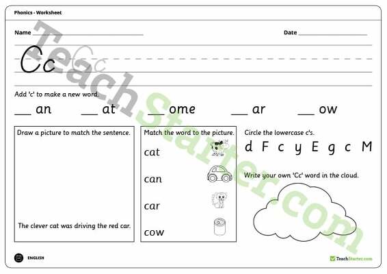 Letter Cc Alphabet — Kindergarten Reading Worksheet teaching resource