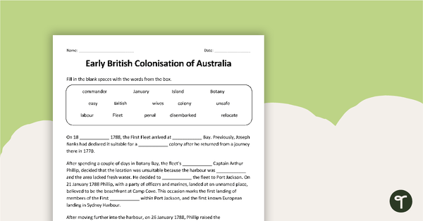 Preview image for British Colonisation of Australia - Cloze Activity - teaching resource