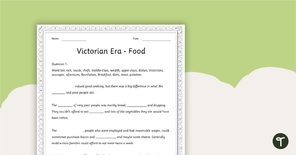 Victorian Era - Food Worksheet teaching resource
