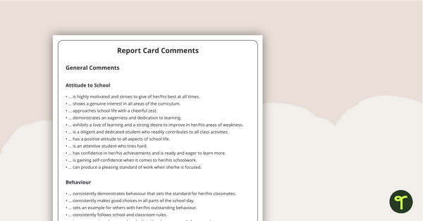 Go to Report Card Comments teaching resource
